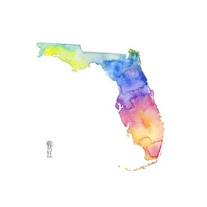 May include: A watercolor painting of the state of Florida in rainbow colors. The painting is on a white background and has the text "KRU 20 21" in the bottom left corner.