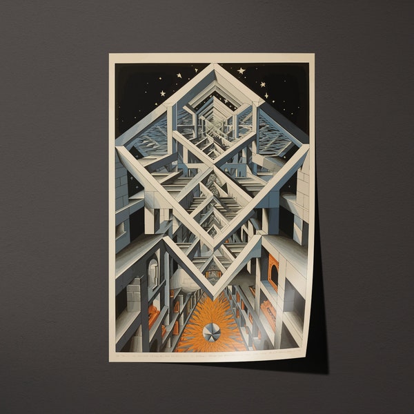 M C Escher Poster - Escher Inspired Infinite Staircase Art, Mathematical and Mind-Bending Wall Art, Ideal for Thought Provoking Office Decor