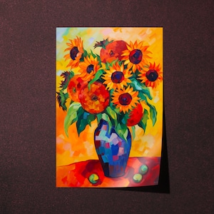 Vibrante arte mural del fauvismo: inspirado en Andre Derain, cartel de girasol en tono dorado en jarrón, arte en color natural