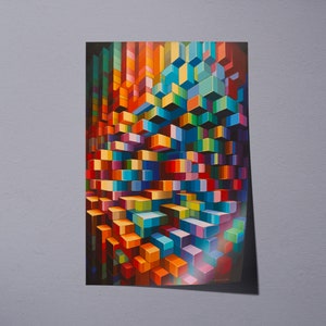 Op Art Gemälde - Victor Vasarely inspirierte 3D Würfel Kunst, mehrfarbige geometrische Wandkunst, einzigartiges Poster für abstrakte Liebhaber, moderne Dekorkunst