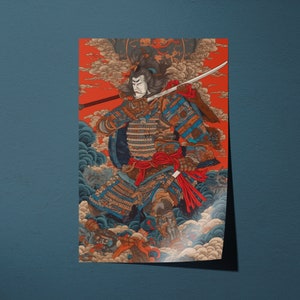 Ukiyo-e Print Art - Dramatic Kuniyoshi Inspired Samurai Battle Scene, Dynamic Katana Wall Art, Ideal Art for Samurai Fans & History Lovers