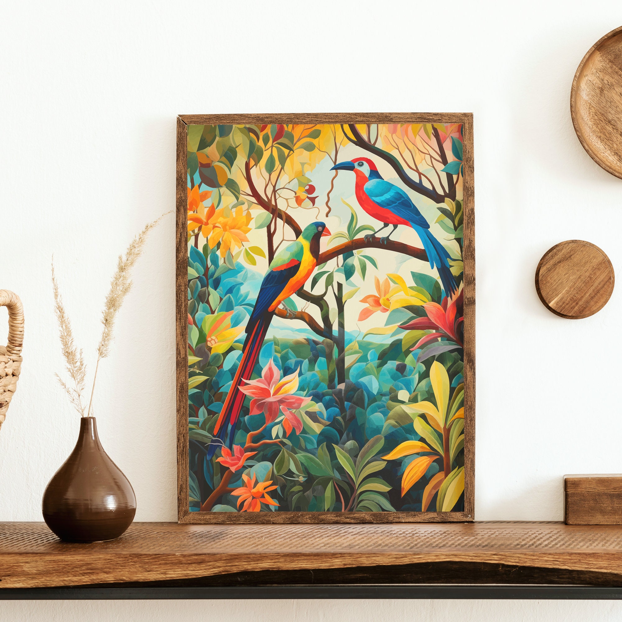 Diego Rivera Print: Lush Garden Poster With Vibrant Birds &amp; Colorful ...