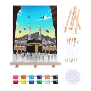 May include: A paint-by-numbers kit featuring a painting of the Kaaba in Mecca, with a wooden easel, paintbrushes, paint pots, and a palette. The painting depicts the Kaaba with people walking around it, under a blue sky with birds.