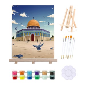 May include: A paint by numbers kit featuring a colorful illustration of the Dome of the Rock in Jerusalem. The kit includes a canvas, paintbrushes, and acrylic paints in small jars.