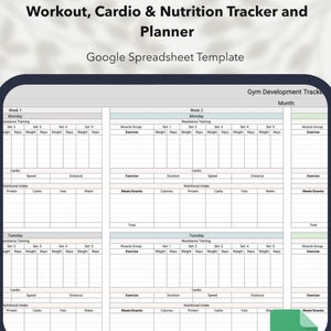 以下が含まれることがあります： 抵抗トレーニング、カーディオ、栄養摂取のためのセクションを備えたデジタルワークアウトプランナーテンプレート。スプレッドシートには、セット、レップ、重量、速度、距離、毎日の食事摂取量を追跡するためのスペースが含まれています。タイトルは「Workout、Cardio＆Nutrition Tracker and Planner」と表示されています。