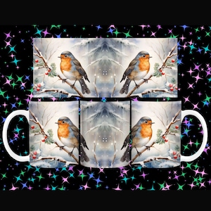 3D Christmas Robin bird  Mug wrap 11oz and 15oz, Christmas Mug Wrap, Digital download mug wrap, Xmas Sublimation design mug, Xmas template