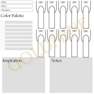 K&ouml;nnte beinhalten: Eine Nageldesign-Vorlage mit 10 Nagelformen zum Ausmalen. Die Vorlage enth&auml;lt Abschnitte f&uuml;r Stil, Preis, Dauer, Farbpalette, Inspiration und Notizen.