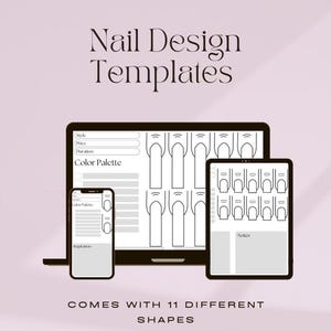Peut inclure: Trois modèles numériques pour la conception d'ongles. Les modèles sont affichés sur un ordinateur portable, une tablette et un smartphone. Chaque modèle comprend une section pour le style, le prix, la durée, la palette de couleurs, l'inspiration et les notes. Les modèles présentent des contours de différentes formes d'ongles.