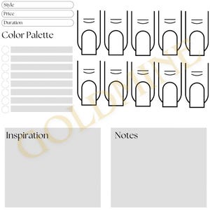 K&ouml;nnte beinhalten: Eine druckbare Nageldesign-Vorlage mit Feldern f&uuml;r Stil, Preis, Dauer, Farbpalette, Inspiration und Notizen. Die Vorlage enth&auml;lt zehn Nagelformen zur Farbauswahl.