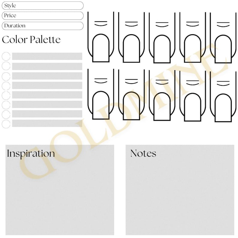 K&ouml;nnte beinhalten: Eine druckbare Nageldesign-Vorlage mit Feldern f&uuml;r Stil, Preis, Dauer, Farbpalette, Inspiration und Notizen. Die Vorlage enth&auml;lt zehn Nagelformen zur Farbauswahl.