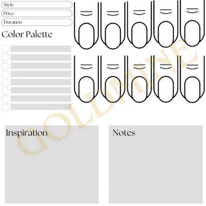 K&ouml;nnte beinhalten: Eine druckbare Nagelkunst-Designvorlage mit einer Farbpalette, Inspirations- und Notizbereichen. Die Vorlage enth&auml;lt zehn Nagelformen zur Farbauswahl.