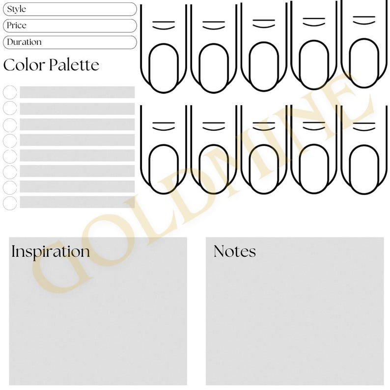 K&ouml;nnte beinhalten: Eine druckbare Nagelkunst-Designvorlage mit einer Farbpalette, Inspirations- und Notizbereichen. Die Vorlage enth&auml;lt zehn Nagelformen zur Farbauswahl.