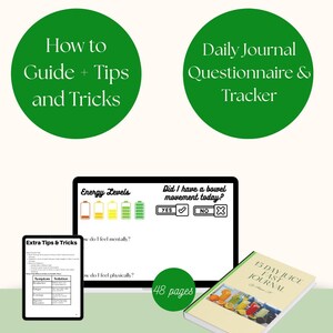 May include: A guide for a 15-day juice fast, featuring a journal, questionnaire, and tracker. Includes tips and tricks, energy level indicators, and a section to track bowel movements. The journal has 48 pages.