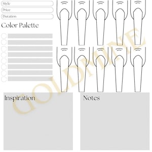 K&ouml;nnte beinhalten: Eine druckbare Nageldesign-Vorlage mit 10 Nagelformen. Die Vorlage enth&auml;lt Abschnitte f&uuml;r Stil, Preis, Dauer, Farbpalette, Inspiration und Notizen.