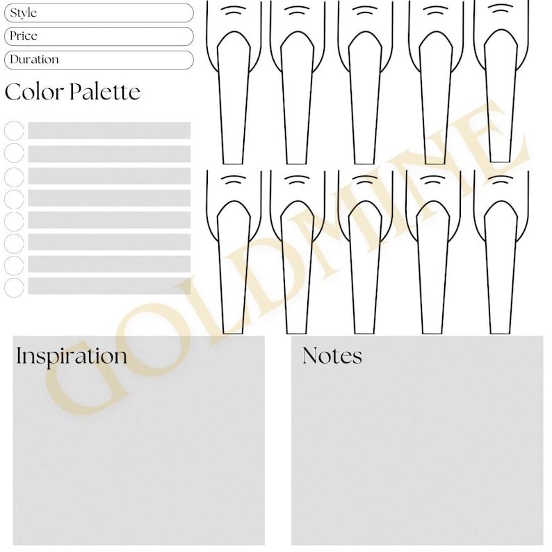 K&ouml;nnte beinhalten: Eine druckbare Nageldesign-Vorlage mit 10 Nagelformen. Die Vorlage enth&auml;lt Abschnitte f&uuml;r Stil, Preis, Dauer, Farbpalette, Inspiration und Notizen.