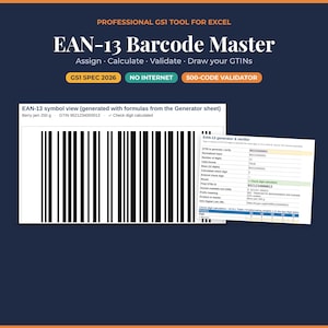 May include: A digital software tool for Excel titled EAN-13 Barcode Master. The interface displays a generated barcode symbol for Berry jam 250 g, alongside a generator and verifier spreadsheet with data fields for GTIN, digits, and check digits.