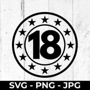 SVG de 18.º cumpleaños, archivo de corte para celebración de 18 años, dieciocho PNG JPG imprimible, Cricut, silueta, diseño de decoración de aniversario importante