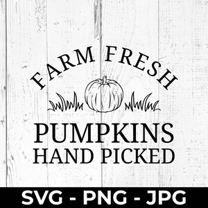 Könnte beinhalten: Schwarz-weiße Grafik auf weißem Holzgrund. Der Text lautet „FARM FRESH PUMPKINS HAND PICKED“ mit einer Kürbis- und Grasillustration. Der untere Teil des Bildes zeigt „SVG - PNG - JPG“.