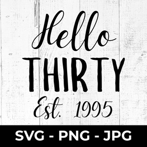 Hello Thirty SVG, PNG edizione 1995, file di taglio per il 30° anniversario di compleanno, design per la celebrazione di un traguardo in formato JPG stampabile