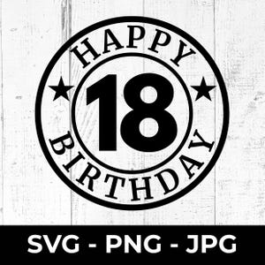 Feliz cumpleaños número 18 SVG, archivo de corte de celebración, diseño PNG imprimible, decoración de fiesta para Cricut y Silhouette