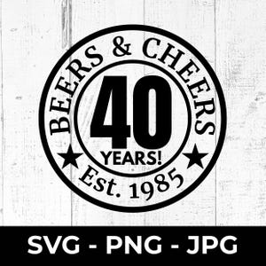 SVG 40° compleanno, birre e brindisi per i 40 anni, file di taglio PNG 1985, design stampabile per la celebrazione del traguardo, regalo per il quarantesimo anniversario