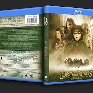 May include: Blu-ray disc case for the extended edition of the Lord of the Rings: The Fellowship of the Ring movie. The case features a blue background with a silver title and a scene from the movie with the characters Frodo, Aragorn, Gandalf, and Legolas.