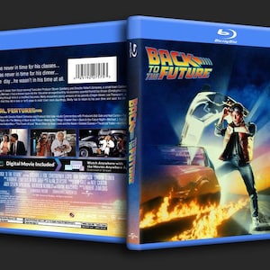 May include: A blue Blu-ray disc case with a picture of a DeLorean time machine and the text "Back to the Future" on the front. The back of the case has a description of the movie and special features.