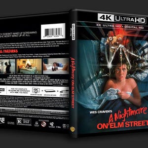 May include: A black 4K Ultra HD Blu-ray case for the horror film "A Nightmare on Elm Street." The cover features a distressed person in bed, with the film's title in red and the tagline "If Nancy doesn't wake up screaming, she won't wake up at all."
