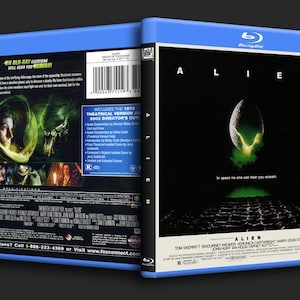 May include: A blue Blu-ray case for the movie "Alien" featuring the film's title and an image of an alien egg. The back of the case includes images from the film and text about the movie's features.