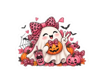 May include: A white ghost sticker featuring a large pink leopard print bow, holding an orange jack-o'-lantern and a pink tumbler. The design includes small pink pumpkins, autumn leaves, black bats, and a spider web on a white background.