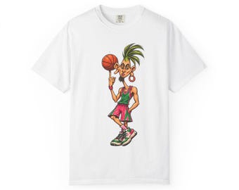 May include: A white short-sleeve t-shirt featuring a graphic illustration of a cartoon character with spiky green hair, wearing a green and pink basketball uniform, spinning an orange basketball on one finger while wearing trainers.