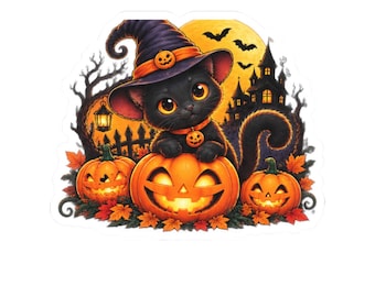 May include: A sticker featuring a black cat wearing a purple witch hat with a pumpkin emblem, sitting on a large jack-o'-lantern. The scene includes two smaller jack-o'-lanterns, autumn leaves, a glowing yellow moon, bats, and a dark castle.