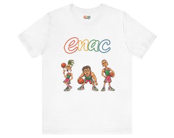 May include: A white short-sleeved t-shirt featuring the colourful text enac at the top. Below the text are three illustrated basketball players wearing green and pink uniforms, each holding or spinning a basketball on their finger.