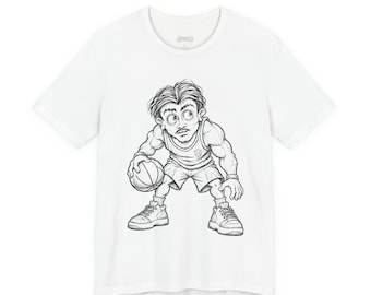 May include: A white short-sleeved t-shirt featuring a black and white line art illustration of a basketball player in a tank top and shorts, dribbling a basketball. The graphic shows a character with muscular arms and trainers.