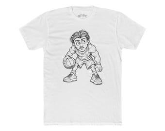 May include: A white short-sleeved t-shirt featuring a black line art illustration of a basketball player dribbling a ball. The graphic shows a person in a jersey, shorts, and trainers. The word snac is printed in the inner neck label area.