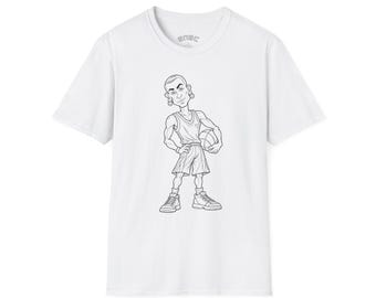 May include: A white short-sleeve t-shirt featuring a black line art illustration of a basketball player holding a ball. The character wears a jersey, shorts, and trainers. The inner neck label displays the text enac in a circular font.