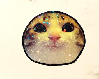 Holographic Sticker ~ Round Cat Sticker UV/WEATHERPROOF & WATERPROOF outdoor/indoor*Hand Cut*