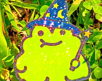Sparkling Holographic Frog Wizard Sticker UV/WEATHERPROOF & WATERPROOF outdoor/indoor*Hand Cut*