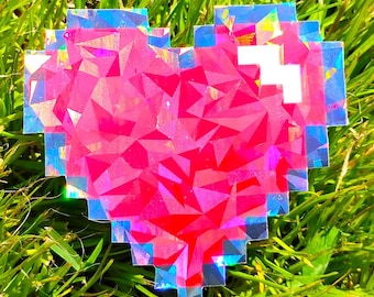 Holographic Sticker ~ Pixel Heart Sticker UV/WEATHERPROOF & WATERPROOF outdoor/indoor*Hand Cut*
