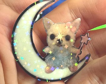 Handmade Chihuahua Moon Sticker – Holographic Stars, Celestial Dog Decal (UV Weatherproof)