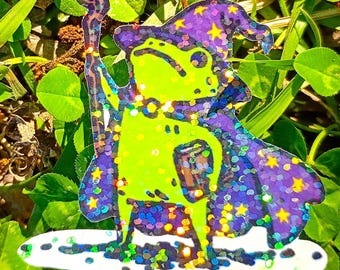 Sparkling Holographic Frog Wizard Sticker UV/WEATHERPROOF & WATERPROOF outdoor/indoor*Hand Cut*