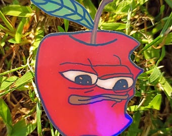 Holographic Grumpy Apple Sticker – Handcut Vinyl Decal for Laptops, Journals, Water Bottles