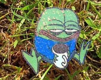 Fed Up Frog Sticker – Holographic Autumn Coffee Mood Decal*Hand Cut*