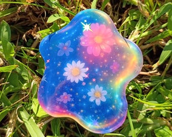 Holographic Flower Blob Sticker – Pink White Daisies, Abstract Floral Decal (UV Weatherproof)*Hand Cut*