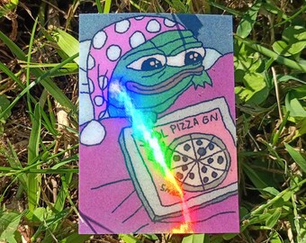 Cozy Pepe Pizza Sticker – Holographic Autumn Pajama Meme Decal*Hand Cut*