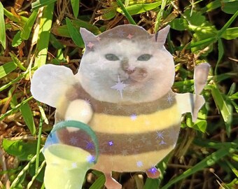 Bee Cat Sticker – Holographic Autumn Cat in Costume with Sand Bucket*Hand Cut*