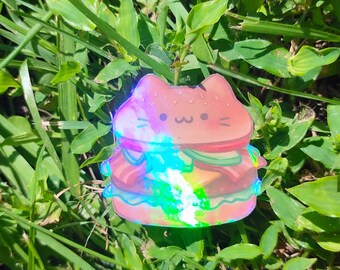 Holographic Sticker ~ Cat Burger Sticker UV/WEATHERPROOF & WATERPROOF outdoor/indoor*Hand Cut*