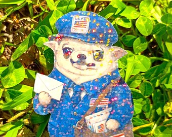 Shimmering Holographic Mailman Chihuahua Sticker UV/WEATHERPROOF & WATERPROOF outdoor/indoor*Hand Cut*