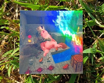 Crying Cat Sticker – Holographic Pixel Farewell Adventure Vinyl Decal*Hand Cut*