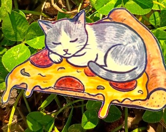 Rainbow Holographic Pizza Cat Sticker UV/WEATHERPROOF & WATERPROOF outdoor/indoor*Hand Cut*
